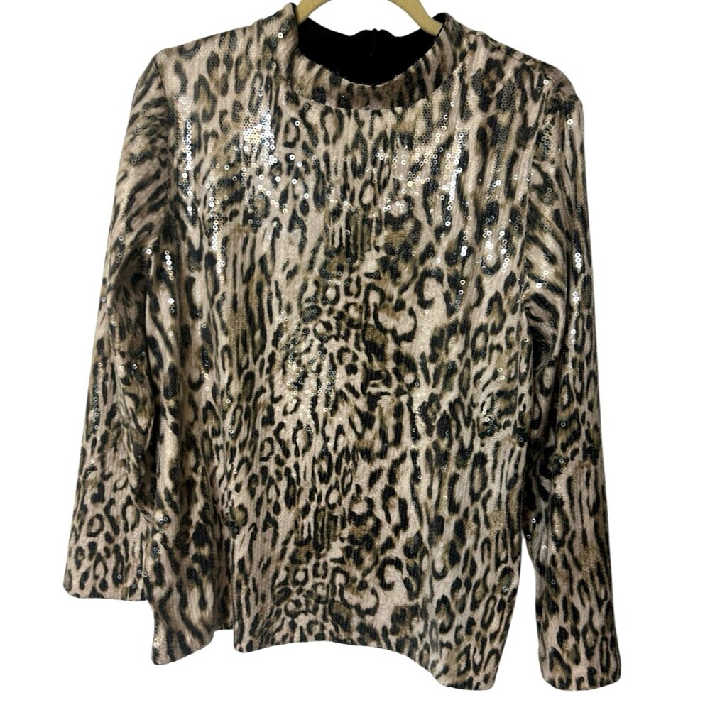 Chico's Women's Cheetah Print All Sequined Hi Neck Lined LS Blouse Sz 2 / L